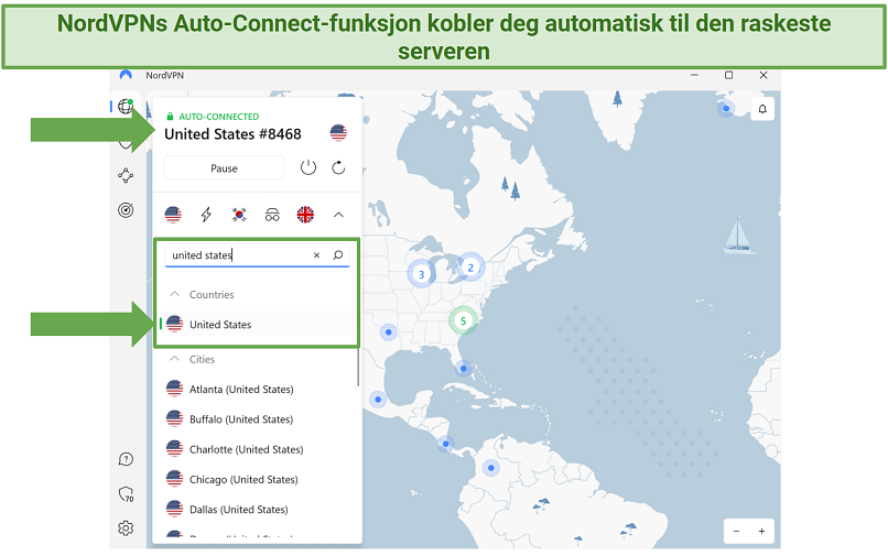 Skjermbilde som viser NordVPNs brukervennlige appgrensesnitt