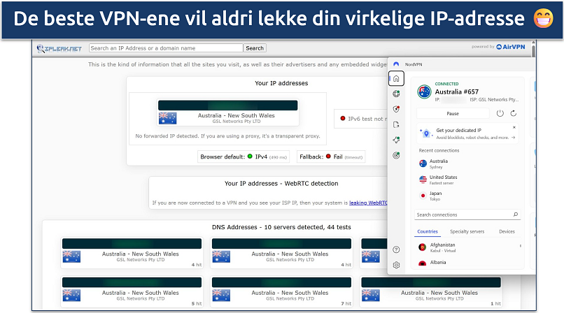 Screenshot of NordVPN's Windows app connected to the Australia Sydney server while leak tests are performed on ipleak.net