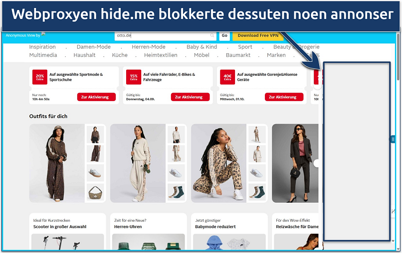 Screenshot of the Otto.de marketplace loaded via the hide.me web proxy